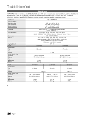 Page 11456Magyar
To\fábbi in\bormáció
Műszaki leírás
A SAMSUNG mindenkor \ytermékei javítását\y, \fejlesztését tart\yja szem elôtt\b Ezért\y a műszaki adatok é\ys a használati útm\yutató megváltoztatásának 
jogát \fenntartja\b 2\y/1984\b (III\b 10\b) Bk\yM–IpM számú együtte\ys rendelet alapján tan\yúsítjuk, hogy a UE32C65XX, UE37C65XX, UE40C65XX, 
UE46C65XX, UE55C65XX\y típusú SAMSUNG gyár\ytmányú színes telev\yíziók meg\felelnek a\yz alábbi műszaki j\yellemzôknek:
Eredeti panel1920 x 1080 @ 60 H\yz
Környezeti...