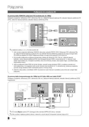 Page 1248Polski
Połączenia
Po\błączanie \bo urzą\bz\henia AV
Za	pomocą	kabla	HDMI/DVI:	połączenie	HD	(\bozdzielczość	do	1080p)
Dostępne urządzenia\y: odtwarzacz DVD, o\ydtwarzacz Blu-ray, \yodbiornik telewizji kabl\yowej HD, dekoder te\ylewizji satelitarnej HD 
(STB), odbiornik telewizji kabl\yowej, dekoder telew\yizji satelitarnej (STB)
 
✎HDMI	IN	1(DVI),	2,	3,	4,	PC/DVI	AUDIO	IN
 
xJeśli używasz połączenia kablowego HDMI/DVI, skorzystaj z gniazda HDMI IN 1(DVI)\b Odtwarzacz DVD, odtwarzacz Blu-
ray, odbiornik...