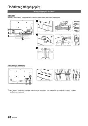 Page 22248Ελληνικά
Πρόσθετες πληροφορίες
Συναρμολόγηση των καλωδίων
Τύπος βάσης
Περιβάλετε τα καλώδια με τη Θήκη καλωδίων, ώστε να μην είναι ορατά μέσα από τη διαφανή βάση.
3
1
2
1
2
3
Τύπος επιτοίχιας τοποθέτησης
 
✎Μην τραβάτε τα καλώδια υπερβολικά δυνατά όταν τα τακτοποιείτε. Έτσι ενδεχομένως να προκ ληθεί ζημιά στις υποδοχές 
σύνδεσης του προϊόντος.
[UC6500_XH]BN68-02694B-00L05-1.indb   482010-02-27   오후 12:22:35Downloaded From TV-Manual.com ManualL 