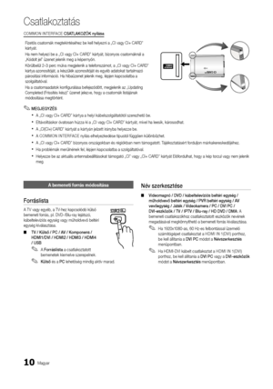 Page 6810Magyar
Csatlakoztatás
A bemeneti forrás \hmó\bosítása
Fo\b\báslista
A TV vagy egyéb, a \yTV-hez kapcsolódó kül\yső 
bemeneti \forrás, pl\y\b DVD-/Blu-ray lejá\ytszó, 
kábeltelevíziós eg\yység vagy műholdvevő\y beltéri 
egység kiválasztása\y\b  
■ TV	/	Külső	/	PC	/	AV	/	Komponens	/	
HDMI1/DVI	/	HDMI2	/	HDMI3	/	HDMI4	
/	USB
 
✎A Fo\b\báslista a csatlakoztatott 
bemenetek kiemelve szerepelnek\b 
 
✎Külső és a PC lehetőség mindig aktív marad\b
Név	sze\bkesztése
 
■ Videomagnó	/	DVD	/	kábeltelevíziós...