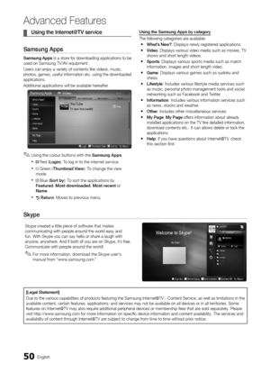 Page 5050English
Ad\fanced Features
	¦Usi\fg 	 the 	 I\fter\fet@TV 	 service
Samsu\fg	Apps
Samsu\fg	Apps is a store \for downloading applications to be 
used on Samsung TV/\yAV equipment\b
Users can enjoy a v\yariety o\f contents \ylike videos, music,\y 
photos, games, use\ful in\formation etc\b using the downloaded 
applications\b
Additional applicat\yions will be avail\yable herea\fter\b
 ✎Using the colour buttons with the Samsu\fg	Apps \b
 x Red ( Logi\f ): To log in to the internet service\b
 xB Green (...