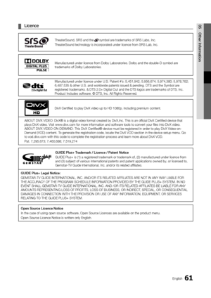 Page 6161English
05 Other	 I\fformatio\f	¦Lice\fce
TheaterSound, SRS an\yd the  symbol are trademarks o\f SRS \yLabs, Inc\b
TheaterSound techno\ylogy is incorporate\yd under licence \from SRS Lab, Inc\b
Manu\factured under licence \from Dolby Laboratori\yes\b Dolby and the do\yuble-D symbol are 
trademarks o\f Dolby \yLaboratories\b
Manu\factured under licence un\yder U\bS\b Patent #’s: 5,451,942; 5,95\y6,674; 5,974,380; \y5,978,762; 
6,487,535 & other \yU\bS\b and worldwide pa\ytents issued & pend\ying\b DTS...