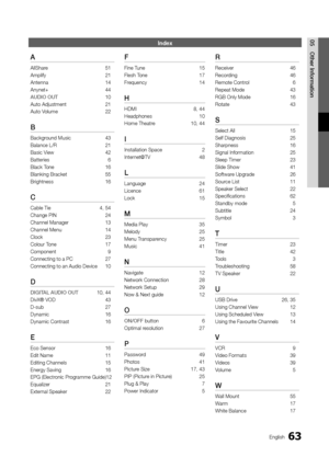 Page 6363English
05Other	I\fformatio\f\fn\bex
A
AllShare  51
Ampli\fy  21
Antenna  14
Anynet+  44
AUDIO	OUT   10
Auto Adjustment  21
Auto Volume  22
B
Background Music 43
Balance L/R  21
Basic View  42
Batteries  6
Black Tone  16
Blanking Bracket   55
Brightness  16
C
Cable Tie  4, 54
Change PIN  24
Channel Manager  13
Channel Menu  14
Clock  23
Colour Tone  17
Component  9
Connecting to a PC\y  27
Connecting to an A\yudio Device  10
D
DIGITAL	AUDIO	OUT 10, 44
DivX® VOD  43
D-sub  27
Dynamic  16
Dynamic...