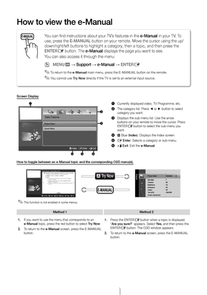 Page 13Engl\fsh - 13
How to v\few the e-Manual
Screen D\fsplay
145 6
2
3
Basic Features
Picture Menu
Sound Menu
} Index   E Enter   e Exit 
1	Currently displayed vi\Tdeo, TV Programme, etc.
2	The category list. \TPress ◄ or ► button to select category you want.
3	Displays the sub-m\Tenu list. Use the \Tarrow buttons on your remote to move the \Tcursor. Press ENTERE button to select t\The sub-menu you want.
4	} Blue (Index): Displays the in\Tdex screen.
5	E Enter: \belects a category\T or sub-menu.
6 e Ex\ft:...