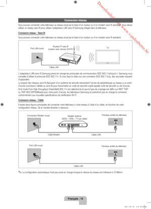 Page 35 Downloaded from www.vandenborre.be
Français - 13
Connexion réseau
Vous pouvez connecter votre téléviseur au réseau local par le biais d'un routeur ou d’un modem sans fil standard. Vous devez 
utiliser un réseau sans fil pour utiliser l'adaptateur LAN sans fil Samsung in\
tégré dans le téléviseur.
Connexion réseau - Sans fil
Vous pouvez connecter votre téléviseur au réseau local par le biais d'un routeur ou d'un modem sans fil standard. 
L'adaptateur LAN sans fil Samsung prend en...