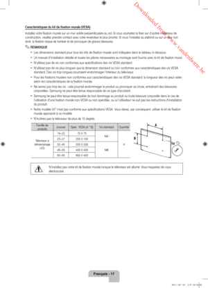 Page 39 Downloaded from www.vandenborre.be
Français - 17
Caractéristiques du kit de fixation murale (VESA)
Installez votre fixation murale sur un mur solide perpendiculaire au sol. Si vous souhaitez la fixer sur d'autres matériaux de 
construction, veuillez prendre contact avec votre revendeur le plus proche. Si vous l'installez au plafond ou sur un mur non 
droit, la fixation risque de tomber et de provoquer de graves blessures.
 ✎REMARQUE
 xLes dimensions standard pour tous les kits de fixation murale...