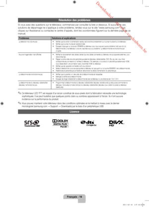 Page 40 Downloaded from www.vandenborre.be
Français - 18
Résolution des problèmes
Si vous avez des questions sur le téléviseur, commencez par consulter la liste ci-dessous. Si aucune de ces 
solutions de dépannage ne s'applique à votre problème, rendez-vous sur le site "www.samsung.com", puis 
cliquez sur Assistance ou contactez le centre d'appels, dont les coordonnées figurent sur la dernière page de ce 
manuel.
ProblèmesSolutions et explications
La télévision ne s'allume pas. •	Vérifiez...