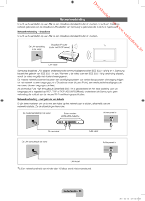 Page 77 Downloaded from www.vandenborre.be
Nederlands - 13
Netwerkverbinding
U kunt uw tv aansluiten op uw LAN via een draadloze standaardrouter of -modem. U kunt een draadloos 
netwerk gebruiken om de draadloze LAN-adapter van Samsung te gebruiken d\
ie in de tv is ingebouwd.
Netwerkverbinding - draadloos
U kunt uw tv aansluiten op uw LAN via een draadloze standaardrouter of -modem. 
Samsung draadloze LAN-adapter ondersteunt de communicatieprotocollen IEEE 802,11a/b/g en n. Samsung 
beveelt het gebruik van...