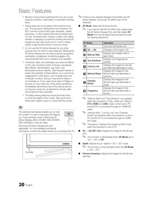 Page 2020English
Basic Features
 
We don't recommend watching 3D if you are in bad 
physical condition, need sleep or have been drinking 
liquor.
 
Please take care to be aware of the world around 
you. This product is designed to be immersive. DO 
NOT use this product near open stairwells, cables, 
balconies, or other objects that can be tripped over, 
run into, knocked down, broken or fallen over. Being 
startled or deluding yourself into thinking that the 3D 
images are real may cause you to crush a...