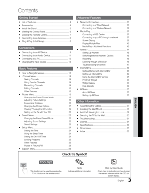 Page 33
Contents
ENGLISH
English
Getting Started
 
 List of Features ......................................................... 4
 
 Accessories ............................................................\
.. 4
 
 Install the Stand ........................................................ 5
 
 Viewing the Control Panel ......................................... 6
 
 Viewing the Remote Control ...................................... 7
 
 Connecting to an Antenna ........................................ 8
 
...