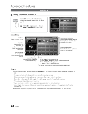 Page 4848 English 
 Advanced Features 
  Internet@TV  
 
¦   Getting Started with Internet@TV  
  Screen Display  
 
✎   
NOTE    
 
  
Configure the network settings before using   Internet@TV 
. For more information, refer to “Network Connection” (p. 
30). 
 
 
Unsupported fonts within the provider’s content will not display normally. 
 
 
Slow responses and/or interruptions may occur, depending on your network conditions. 
 
 
Depending on the region, English may be the only language supported for...