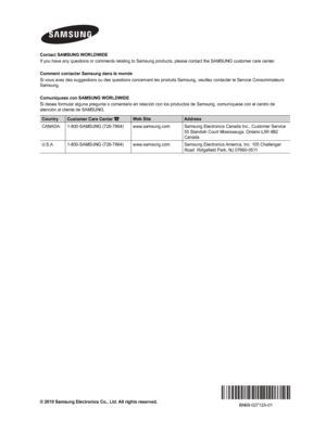 Page 67© 2010 Samsung Electronics Co., Ltd. All rights reserved.BN68-02712A-01
Contact SAMSUNG WORLDWIDE
If you have any questions or comments relating to Samsung products, plea\
se contact the SAMSUNG customer care center.
Comment contacter Samsung dans le monde
Si vous avez des suggestions ou des questions concernant les produits Sa\
msung, veuillez contacter le Service Consommateurs 
Samsung.
Comuníquese con SAMSUNG WORLDWIDE
Si desea formular alguna pregunta o comentario en relación con los pr\
oductos de...