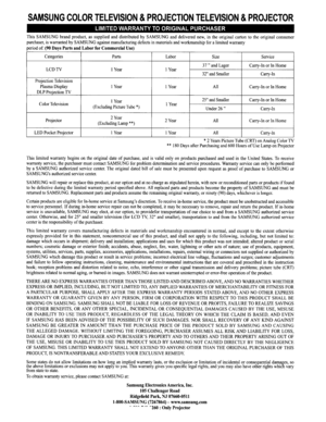 Page 96SAMSUNGCOLORTELEVISION&PROJECTIONTELEVISION&PROJECTOR
LIMITEDWARRANTYTOORIGINALPURCHASER
ThisSAMSUNGbrandproduct,assuppliedanddistributedbySAMSUNGanddeliverednew,intheoriginalcartontotheoriginalconsumer
purchaser,iswarrantedbySAMSUNGagainstmanufacturingdefectsinmaterialsandworkmanshipforalimitedwarranty
periodof:(90DaysPartsandLabor forCommercialUse)
CategoriesPartsLaborSizeService
LCDTVIYearIYear37andLagerCarry-InorInHome
32andSmallerCarry-In
ProjectionTelevision...