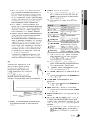 Page 1919English
03Basic	Features 
xPlease take care to be aware o\f the world around 
you\b This product is designed to be immersive\b  DO 
NOT use this product near open stairwells, cables, 
balconies, or other objects that can be tripped over, 
run into, knocked down, broken or \fallen over\b Being 
startled or deluding yoursel\f into thinking that the 3D 
images are real may cause you to crush a nearby 
object or get injured trying to move your body\b
 
xDo not use the 3D Active Glasses \for any other...