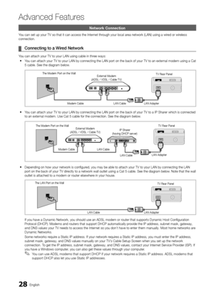 Page 2828English
Ad\fanced Features
Network Connection\h
You can set up your \yTV so that it can \yaccess the Internet through your local area network (LAN) u\ysing a wired or wireless 
connection\b
	
¦ Co\f\fecti\fg	to	a	Wired	Network
You can attach your \yTV to your LAN usin\yg cable in three ways:
 
y You can attach your \yTV to your LAN by c\yonnecting the LAN \yport on the back o\y\f your TV to an ext\yernal modem using a C\yat 
5 cable\b See the dia\ygram below\b
 
y You can attach your \yTV to your LAN...