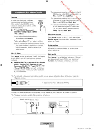 Page 28 Downloaded from www.vandenborre.be
Français - 6
Changement de la source d'entrée
Source
A utiliser pour sélectionner le téléviseur 
ou d'autres sources d'entrée externes, 
telles que des lecteurs DVD/Blu-ray, des 
décodeurs câble ou des récepteurs satellite 
(boîtiers décodeurs).
 ■TV / Ext. / PC / A

V / Component / 
HDMI1/DVI / HDMI2 / HDMI3 / HDMI4 
/ USB / AllShare
 ✎Les entrées connectées sont mises 
en surbrillance dans Source .
 ✎Les options Ext. et PC sont toujours activées.
 ✎Si les...