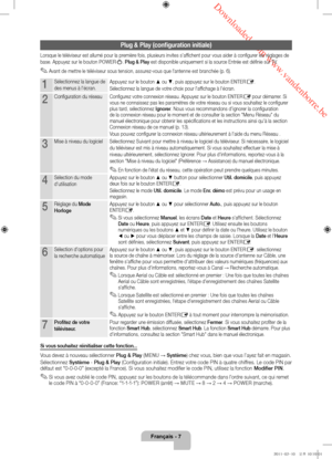 Page 29 Downloaded from www.vandenborre.be
Français - 7
Plug & Play (configuration initiale)
Lorsque le téléviseur est allumé pour la première fois, plusieurs invites s'affichent pour vous aider à configurer les réglages de 
base. Appuyez sur le bouton POWER
P. Plug & Play est disponible uniquement si la source Entrée est définie sur TV.
 ✎Avant de mettre le téléviseur sous tension, assurez-vous que l'antenne est branchée (p. 6).
1Sélectionnez la langue de 
des menus à l'écran.Appuyez sur le bouton...