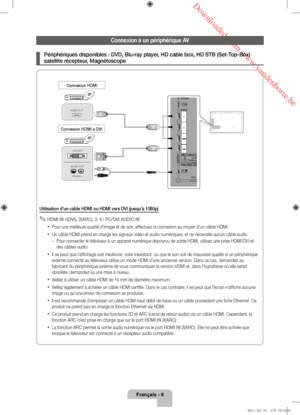 Page 30 Downloaded from www.vandenborre.be
Français - 8
Connexion à un périphérique AV
 ¦Périphériques disponibles : DVD, Blu-ray player, HD cable box, HD STB (Set-Top-Box) 
satellite récepteur, Magnétoscope
Utilisation d'un câble HDMI ou HDMI vers DVI (jusqu'à 1080p)
 ✎HDMI IN 1(DVI), 2(ARC), 3, 4 / PC/DVI AUDIO IN
 xPour une meilleure qualité d'image et de son, effectuez la connexion au moyen d'un câble HDMI.
 xUn câble HDMI prend en charge les signaux vidéo et audio numériques, et ne...