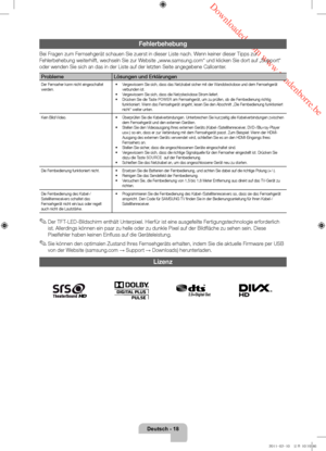 Page 62 Downloaded from www.vandenborre.be
Deutsch - 18
Fehlerbehebung
Bei Fragen zum Fernsehgerät schauen Sie zuerst in dieser Liste nach. Wenn keiner dieser Tipps zur 
Fehlerbehebung weiterhilft, wechseln Sie zur Website „www.samsung.com“ und klicken Sie dort auf „Support“ 
oder wenden Sie sich an das in der Liste auf der letzten Seite angegeben\
e Callcenter.
ProblemeLösungen und Erklärungen
Der Fernseher kann nicht eingeschaltet 
werden. •	
Vergewissern Sie sich, dass das Netzkabel sicher mit der...