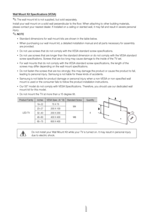 Page 17English - 17
Wall Mount Kit Specifications (VESA)
 
✎The wall mount kit is not supplied, but sold separately.
Install your wall mount on a solid wall perpendicular to the floor. When attaching to other building materials, 
please contact your nearest dealer. If installed on a ceiling or slanted wall, it may fall and result in severe personal 
injury.
 
✎NOTE
 
xStandard dimensions for wall mount kits are shown in the table below.
 
xWhen purchasing our wall mount kit, a detailed installation manual and...