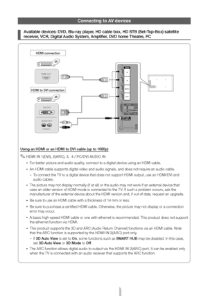 Page 8English - 8
Connecting to AV devices
 
¦Available devices: DVD, Blu-ray player, HD cable box, HD STB (Set-Top-Box) satellite 
receiver, VCR, Digital Audio System, Amplifier, DVD home Theatre, PC
Using an HDMI or an HDMI to DVI cable (up to 1080p)
 
✎HDMI IN 1(DVI), 2(ARC), 3,  4 / PC/DVI AUDIO IN
 
xFor better picture and audio quality, connect to a digital device using an HDMI cable.
 
xAn HDMI cable supports digital video and audio signals, and does not require an audio cable.
 
– To connect the TV to...