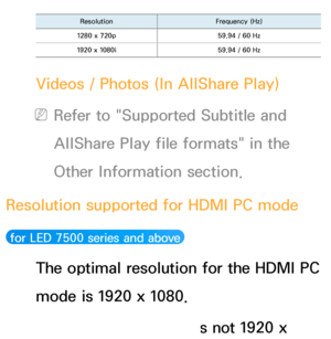 Page 261ResolutionFrequency (Hz)
1280 x 720p 59.94 / 60 Hz
1920 x 1080i 59.94 / 60 Hz
Videos / Photos (In AllShare Play)
 
NRefer to "Supported Subtitle and 
AllShare Play  file formats" in the 
Other Information section.
Resolution supported for HDMI PC mode
 for LED 7500 series and above 
The optimal resolution for the HDMI PC 
mode is 1920 x 1080. 
If the input resolution is not 1920 x 
 