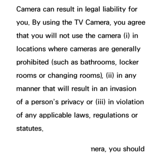 Page 393Camera can result in legal liability for 
you. By using the TV Camera, you agree 
that you will not use the camera (i) in 
locations where cameras are generally 
prohibited (such as bathrooms, locker 
rooms or changing rooms), (ii) in any 
manner that will result in an invasion 
of a person’s privacy or (iii) in violation 
of any applicable laws, regulations or 
statutes.
When you use a TV camera, you should 
 