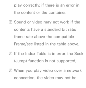 Page 649play correctly, if there is an error in 
the content or the container.
 
NSound or video may not work if the 
contents have a standard bit rate/
frame rate above the compatible 
Frame/sec listed in the table above.
 
NIf the Index Table is in error, the Seek 
(Jump) function is not supported.
 
NWhen you play video over a network 
connection, the video may not be 
played smoothly.
 