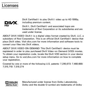 Page 657Licenses
DivX Certified® to play DivX® video up to HD 1080p, 
including premium content.
DivX®, DivX Certified® and associated logos are 
trademarks of Rovi Corporation or its subsidiaries and are 
used under license.
ABOUT DIVX VIDEO: DivX® is a digital video format created by DivX, LLC, a 
subsidiary of Rovi Corporation. This is an official DivX Certified® device that 
plays DivX video. Visit divx.com for more information and software tools to 
convert your files into DivX videos. 
ABOUT DIVX...