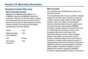 Page 160155
Section 12: Warranty Infor mation
Standard Limited Warranty
What is covered and for how long?
SAMSUNG TELECOMMUNICATIONS AMERICA, LLC 
(“SAMSUNG”) warrants that  SAMSUNGs devices and 
accessories (Products) are free from defects in material 
and workmanship under normal  use and service for the 
period commencing upon the date of purchase by the first 
consumer purchaser and continuing for the following 
specified period of time after that date:
 
What is not covered?
This Limited Warranty is...