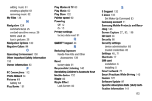 Page 177       172
adding music
 61
creating a playlist
 61
removing music
 62
My Files 128
N
Navigation 129
command keys
 25
context-sensitive menus 26
terms used
 26
touch gestures
 26
Navigation Options 130
Negative Colors
 94
O
Operating Environment 150
Other Important Safety Information 
153
Owner information
 83
P
PC Connections 112
Photo Wizard
 64
Pictures
 63
Gallery 63
Play Books
 131 Play Movies & TV
 63
Play Music
 62
Play Store
 132
Pointer speed 90
Powering Off
 10
On 10
Privacy settings factory...