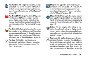 Page 29Understanding Your Camera       24
Play Magazines: With Google Play Magazines, you can 
subscribe to your favorite magazines and have them 
available to read on your camera at any time or any 
place. For more information, refer to  “Play Magazines”  
on page 131.
Play Movies & TV: With Google Play Movies & TV, you can 
rent thousands of different movies and television 
shows. You can watch instantly, or download your 
movie or show for offline viewing at a later time. For 
more information, refer to...