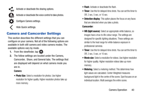 Page 45Camera Operation       40
Camera and Camcorder Settings
This section describes the different settings that you can 
configure on your camera. Not all of the following options are 
available in both still camera and video camera modes. The 
available options vary by mode.
1. From the viewfinder, tap  . 
2. The follow settings are located under the Camera, 
Camcorder,  Share, and General tabs. The settings that 
are displayed will depend on what camera mode you 
are in.
Camera:
: Select a resolution for...