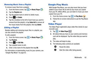 Page 67Multimedia       62
Removing Music from a Playlist
To remove music files from a playlist:1. From the Home screen, tap    ➔ 
Music Player .
2. Ta p  t h e  
Playlists tab.
3. Tap the playlist name in which to delete music.
4. Press   ➔ 
Delete.
5. Tap the checkbox to the left of each track you want to 
remove from this playlist, or tap 
Select all to remove all 
the music tracks from  this playlist, then tap 
Delete.
Editing a Playlist
Besides adding and removing music files in a playlist, you 
can also...