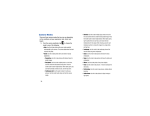 Page 2016Camera ModesThere are three camera modes that you can use depending 
on the conditions and your experience: Auto, Smart, and 
Expert.
1. From the camera viewfinder, tap   to change the 
mode to one of the following:

: Use this to take photos with scene modes selected 
automatically by the camera. The camera determines the ideal 
mode for the photo.

: Use this to take photos with a low level of manual 
adjustment.
–Beauty face
: Use this to take photos with lightened faces for 
gentler images.
–Best...