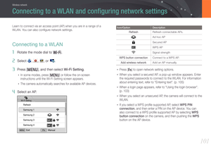 Page 102101
Wireless network
Connecting to a WLAN and conﬁguring network settings
Learn to connect via an access point (AP) when you are in a range of a 
WLAN. You can also conﬁgure network settings.
Connecting to a WLAN
1 Rotate the mode dial to B.
2 Select , , , or .
3 Press [m], and then select Wi-Fi Setting.
• In some modes, press [m] or follow the on-screen 
instructions until the Wi-Fi Setting screen appears.
• The camera automatically searches for available AP devices.
4 Select an AP.
Wi-Fi Setting...