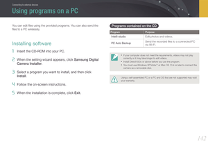 Page 143142
Connecting to external devices
You can edit ﬁles using the provided programs. You can also send the 
ﬁles to a PC wirelessly.
Installing software
1 Insert the CD-ROM into your PC.
2 When the setting wizard appears, click Samsung Digital 
Camera Installer.
3 Select a program you want to install, and then click 
Install.
4 Follow the on-screen instructions.
5 When the installation is complete, click Exit.
Programs contained on the CD
ProgramPurpose
Intelli-studioEdit photos and videos.
PC Auto Backup...