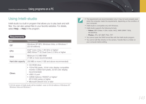 Page 144143
Connecting to external devices > Using programs on a PC
Using Intelli-studio
Intelli-studio is a built-in program that allows you to play back and edit 
ﬁles. You can also upload ﬁles to your favorite websites. For details, 
select Help 
→ Help in the program.
Requirements
ItemRequirements
OS*Windows XP SP2, Windows Vista, or Windows 7 
(32-bit editions)
CPUIntel® Core 2 Duo 1.66 GHz or higher/ 
AMD Athlon™ X2 Dual-Core 2.2 GHz or higher
RAMMinimum 512 MB RAM  
(1 GB or more recommended)
Hard disk...