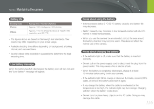 Page 157156
Appendix > Maintaining the camera
Notes about using the battery
•	In temperatures below 0 °C/32 °F, battery capacity and battery life 
may decrease.
•	Battery capacity may decrease in low temperatures but will return to 
normal in milder temperatures.
•	When you use the camera for an extended period, the area around 
the battery chamber may become warm. This does not affect the 
normal use of the camera.
Notes about charging the battery
•	If the indicator light is off, make sure that the battery is...
