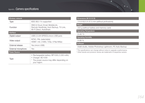 Page 165164
Appendix > Camera speciﬁcations
Wireless network
TypeIEEE 802.11n supported
Function
SNS & Cloud, Email, MobileLink,  
Remote Viewﬁnder, Auto Backup, TV Link,  
Wi-Fi Direct, AutoShare
Interface
Digital outputUSB 2.0 (HI-SPEED) (micro USB jack)
Video outputNTSC, PAL (selectable)
HDMI 1.4b: (1080i, 720p, 576p/480p)
External release Yes (micro USB)
External microphoneYe s
Power Source
Type
• Rechargeable battery: BP1030 (1,030 mAh)
• Charger: BC1030
*   The power source may differ depending on  your...