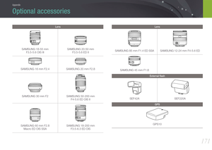 Page 172171
Appendix
Optional accessories
Lens
SAMSUNG 18-55 mm F3.5-5.6 OIS III SAMSUNG 20-50 mm 
F3.5-5.6 ED II
SAMSUNG 16 mm F2.4 SAMSUNG 20 mm F2.8
SAMSUNG 30 mm F2SAMSUNG 50-200 mm 
F4-5.6 ED OIS II
SAMSUNG 60 mm F2.8 Macro ED OIS SSA SAMSUNG 18-200 mm 
F3.5-6.3 ED OIS
Lens
SAMSUNG 85 mm F1.4 ED SSA SAMSUNG 12-24 mm F4-5.6 ED
SAMSUNG 45 mm F1.8
External ﬂash
SEF42A SEF220A
GPS
GPS10 