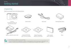 Page 28My Camera
27
Getting started
Unpacking
Check your product box for the following items.
Camera  
(including the body cap   and hot-shoe cover) External ﬂash
USB cableRechargeable battery
Battery cradle/AC power cable Software CD-ROM 
(User manual included)Adobe Photoshop  
Lightroom DVD-ROM User manual 
Basic Operation Strap
• The illustrations may differ from your actual items. 
• You can purchase optional accessories at a retailer or a Samsung service center. Samsung is not responsible for any 
problems...