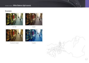 Page 6463
Shooting Functions > White Balance (light source)
Examples
Auto WBDaylight
Fluorescent Daylight Tungsten
  