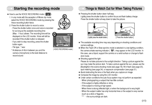 Page 18]17^
Starting the recording mode
Things to Watch Out for When Taking Pictures
ˆHow to use the VOICE RECORDING mode (             )
1. In any mode with the exception of Movie clip mode,
select the VOICE RECORDING mode by pressing the
Voice recording button twice.
2. Press the shutter button to record a voice. 
- Press the shutter button once and voice is recorded
for as long as the available recording time 
(Max : 1 hour) allows. The recording time will be
displayed on the LCD monitor. Voice will still...