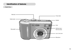 Page 6]5^
Identification of features
Front & Top
Strap eyelet Shutter buttonMode dial
Power button
Speaker
Microphone Lens / Lens coverFlashSelf-timer lamp /
Auto focus lamp
Downloaded From camera-usermanual.com Samsung Manuals 