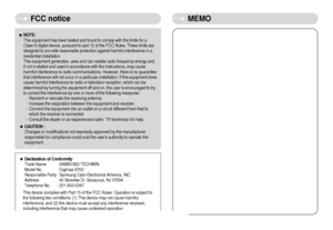 Page 77]76^
MEMO
FCC notice
ˆ
ˆ
NOTE: 
This equipment has been tested and found to comply with the limits for a
Class B digital device, pursuant to part 15 of the FCC Rules. These limits are
designed to pro-vide reasonable protection against harmful interference in a
residential installation.
This equipment generates, uses and can radiate radio frequency energy and,
if not in-stalled and used in accordance with the instructions, may cause
harmful interference to radio communications. However, there is no...