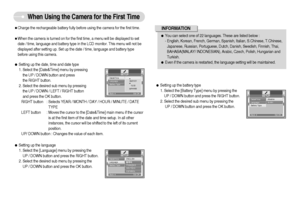 Page 13]12^
When Using the Camera for the First Time
ˆCharge the rechargeable battery fully before using the camera for the first time.
ˆWhen the camera is turned on for the first time, a menu will be displayed to set
date / time, language and battery type in the LCD monitor. This menu will not be
displayed after setting up. Set up the date / time, language and battery type
before using this camera.
ƒSetting up the date, time and date type
1. Select the [Date&Time] menu by pressing 
the UP / DOWN button...