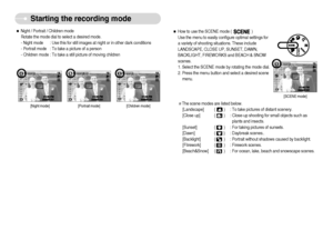 Page 17]16^
Starting the recording mode[Night mode] [Portrait mode] [Children mode]
ˆNight / Portrait / Children mode 
Rotate the mode dial to select a desired mode. 
- Night mode : Use this for still images at night or in other dark conditions
- Portrait mode : To take a picture of a person
- Children mode : To take a still picture of moving children
ˆHow to use the SCENE mode (                   )
Use the menu to easily configure optimal settings for
a variety of shooting situations. These include...