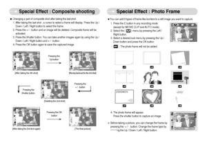 Page 29]28^
Special Effect : Composite shooting
Special Effect : Photo Frame
ˆYou can add 9 types of frame-like borders to a still image you want to capture.
1. Press the E button in any recording mode 
(except for MOVIE CLIP and AUTO mode). 
2. Select the (         ) menu by pressing the Left /
Right button. 
3. Select a desired sub menu by pressing the Up /
Down button and press the OK button.
-           : The photo frame will not be added.4. The photo frame will appear. 
Press the shutter button to...