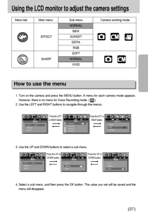 Page 3737
Using the LCD monitor to adjust the camera settings
Menu tab Main menu Sub menu Camera working mode
NORMAL
B&W
SUNSET
SEPIA
RGB
SOFT
NORMAL
VIVID
How to use the menu
3. Use the UP and DOWN buttons to select a sub menu.
4. Select a sub menu, and then press the OK button. The value you set will be saved and the
menu will disappear. 1. Turn on the camera and press the MENU button. A menu for each camera mode appears.
However, there is no menu for Voice Recording mode. (       )
2. Use the LEFT and RIGHT...